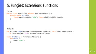 5. Funções: Extensions Functions
Java
Kotlin
21/34
 