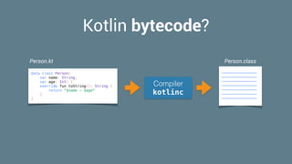 Kotlin bytecode?
data class Person(
var name: String,
var age: Int) {
override fun toString(): String {
return "$name - $age"
}
}
Person.kt
Compiler 
kotlinc
________________
________________
________________
________________
________________
________________
________________
Person.class
 