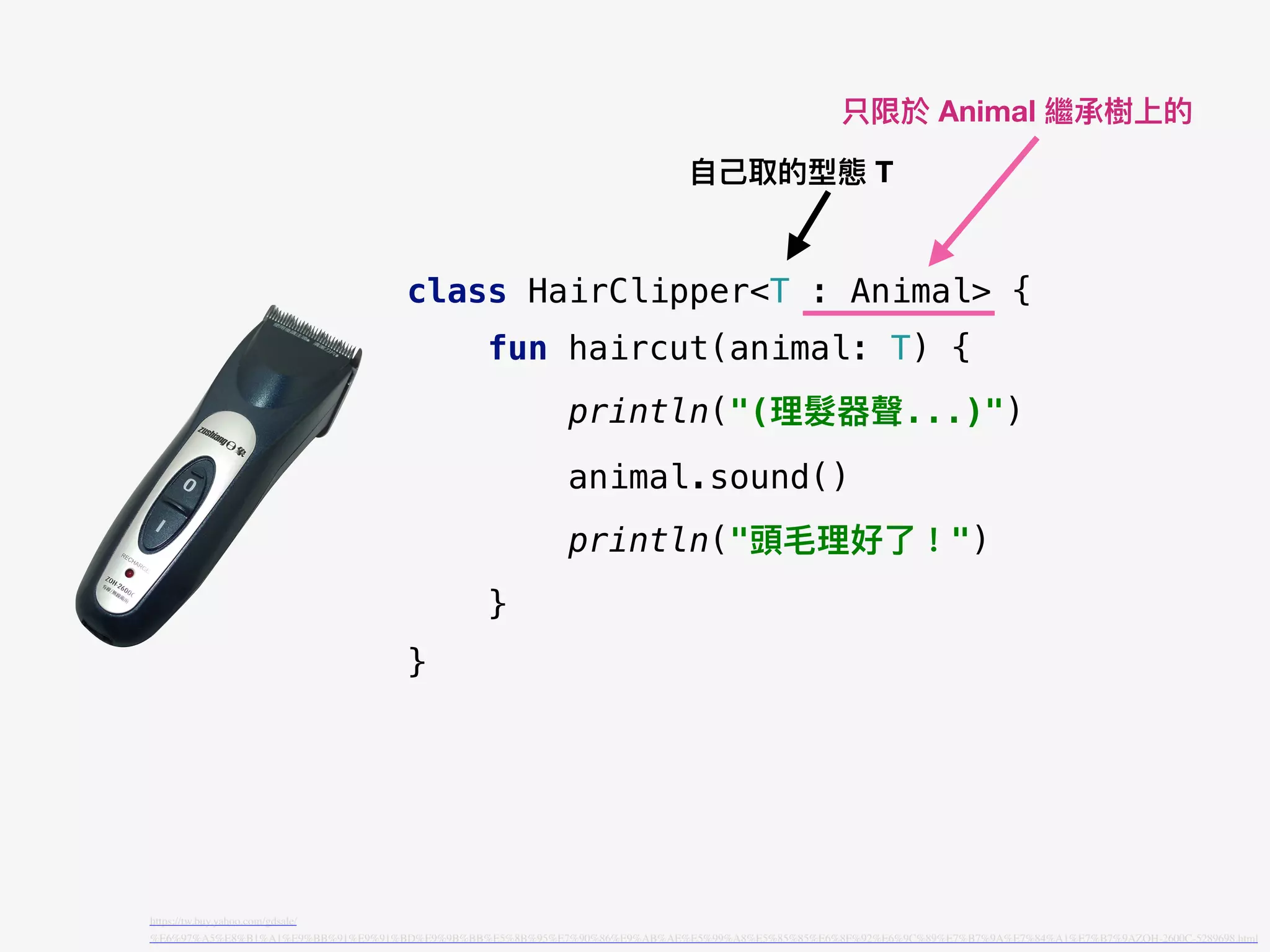 class HairClipper<T : Animal> {
fun haircut(animal: T) {
println("(理理髮器聲...)")
animal.sound()
println("頭⽑毛理理好了了！")
}
}
https://tw.buy.yahoo.com/gdsale/
%E6%97%A5%E8%B1%A1%E9%BB%91%E9%91%BD%E9%9B%BB%E5%8B%95%E7%90%86%E9%AB%AE%E5%99%A8%E5%85%85%E6%8F%92%E6%9C%89%E7%B7%9A%E7%84%A1%E7%B7%9AZOH-2600C-5289698.html
⾃自⼰己取的型態 T
只限於 Animal 繼承樹上的
 
