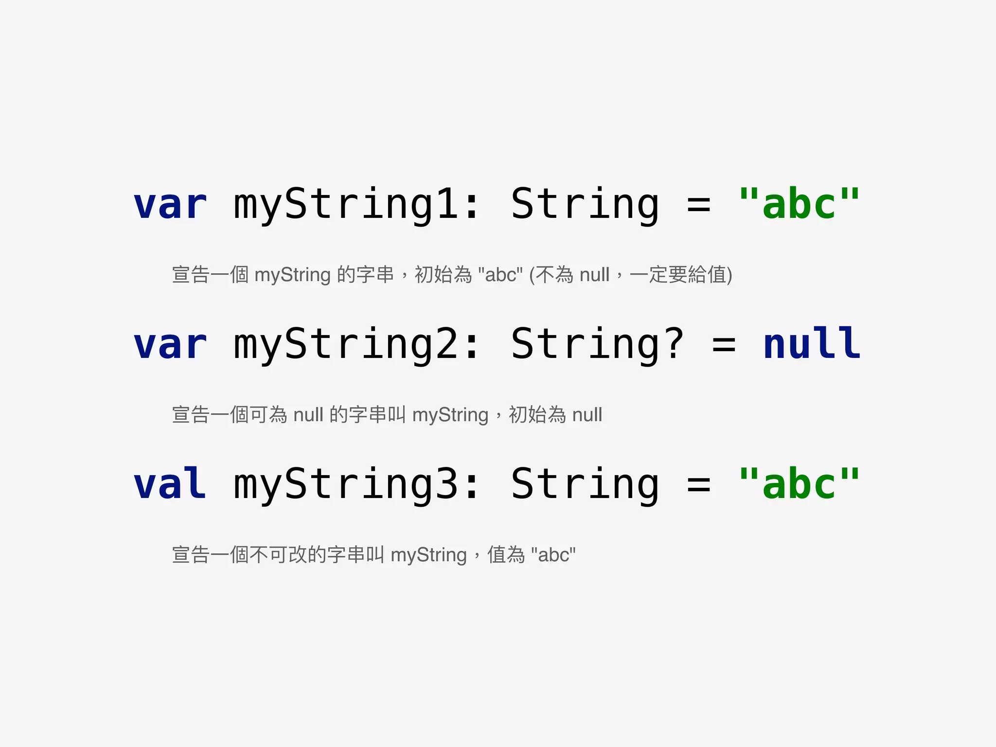var myString1: String = "abc"
var myString2: String? = null
val myString3: String = "abc"
宣告⼀一個 myString 的字串串，初始為 "abc" (不為 null，⼀一定要給值)
宣告⼀一個可為 null 的字串串叫 myString，初始為 null
宣告⼀一個不可改的字串串叫 myString，值為 "abc"
 