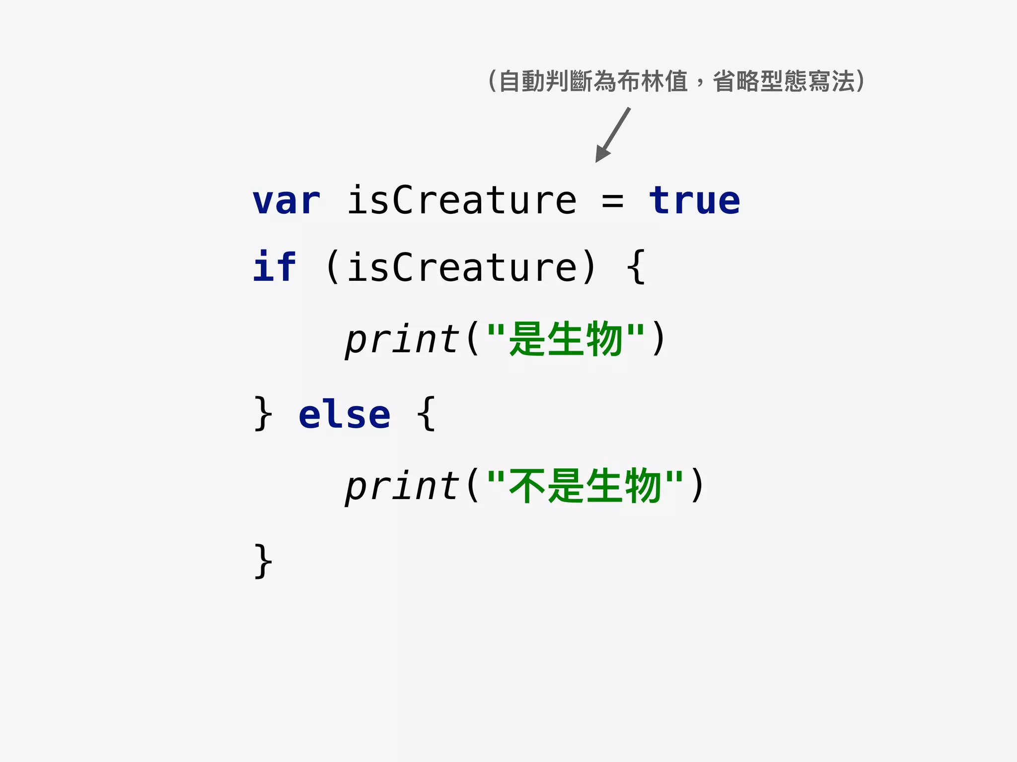 var isCreature = true
if (isCreature) {
print("是⽣生物")
} else {
print("不是⽣生物")
}
（⾃自動判斷為布林林值，省略略型態寫法）
 