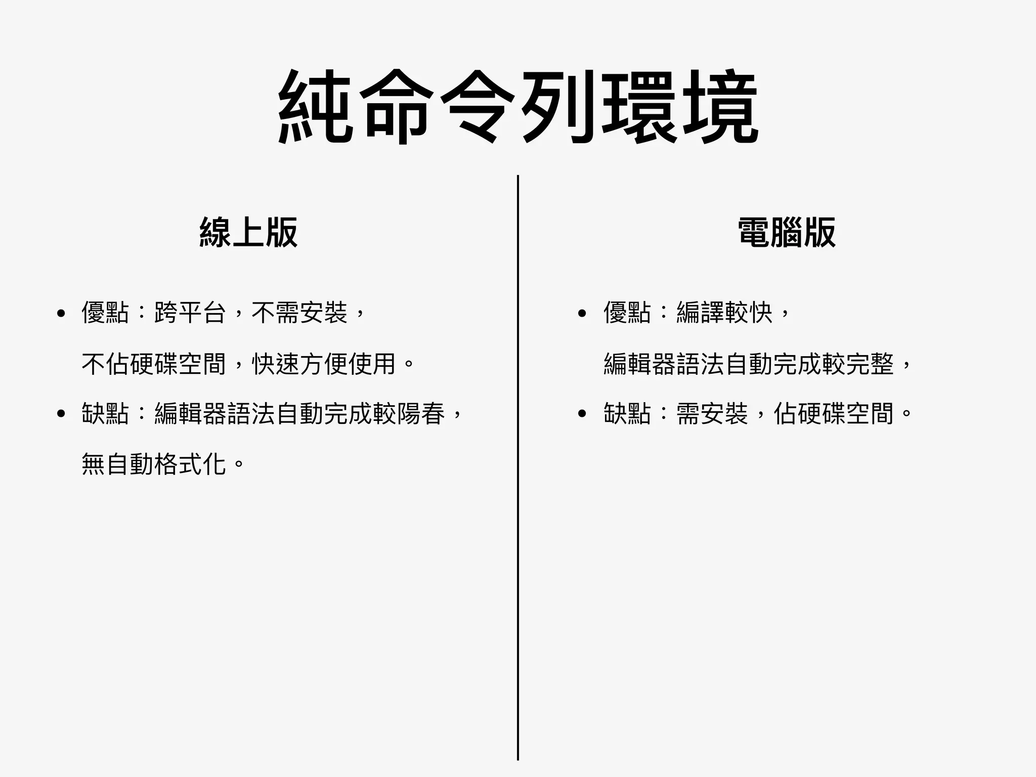 純命令列列環境
線上版 電腦版
• 優點：跨平台，不需安裝， 
不佔硬碟空間，快速⽅方便便使⽤用。

• 缺點：編輯器語法⾃自動完成較陽春， 
無⾃自動格式化。
• 優點：編譯較快， 
編輯器語法⾃自動完成較完整，

• 缺點：需安裝，佔硬碟空間。
 