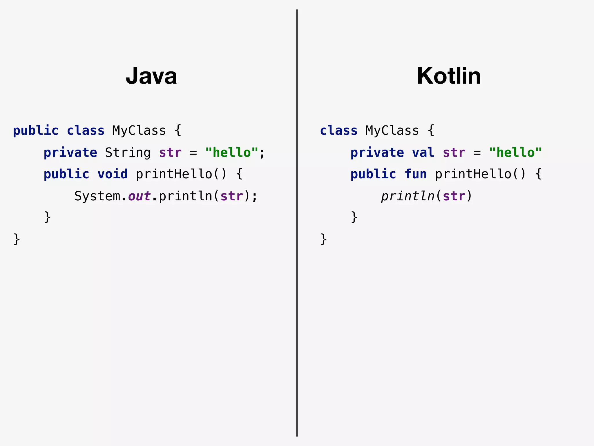 public class MyClass {
private String str = "hello";
public void printHello() {
System.out.println(str);
}
}
class MyClass {
private val str = "hello"
public fun printHello() {
println(str)
}
}
Java Kotlin
 