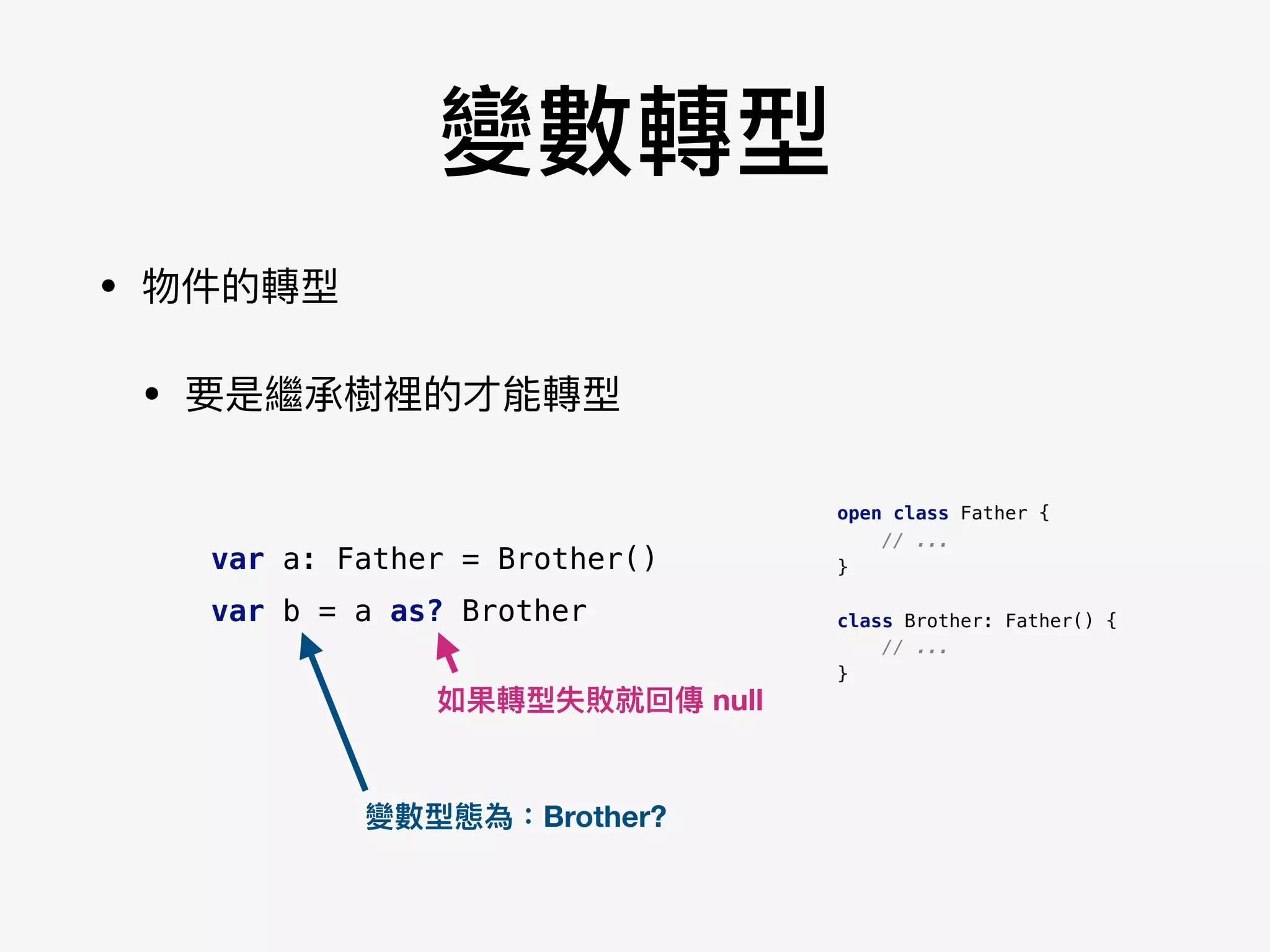 變數轉型
• 物件的轉型

• 要是繼承樹裡的才能轉型
open class Father {
// ...
}
class Brother: Father() {
// ...
}
var a: Father = Brother()
var b = a as? Brother
如果轉型失敗就回傳 null
變數型態為：Brother?
 