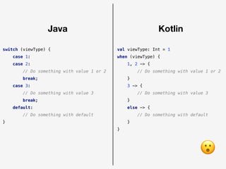 switch (viewType) {
case 1:
case 2:
// Do something with value 1 or 2
break;
case 3:
// Do something with value 3
break;
default:
// Do something with default
}
val viewType: Int = 1
when (viewType) {
1, 2 -> {
// Do something with value 1 or 2
}
3 -> {
// Do something with value 3
}
else -> {
// Do something with default
}
}
Java Kotlin
😮
 