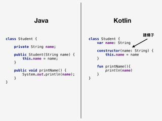 Java Kotlin
class Student {
private String name;
public Student(String name) {
this.name = name;
}
public void printName() {
System.out.println(name);
}
}
class Student {
var name: String
constructor(name: String) {
this.name = name
}
fun printName(){
println(name)
}
}
建構⼦子
 
