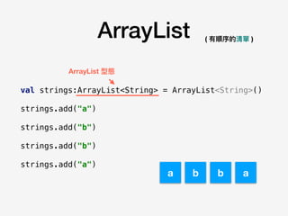 ArrayList
val strings:ArrayList<String> = ArrayList<String>()
strings.add("a")
strings.add("b")
strings.add("b")
strings.add("a")
ArrayList 型態
( 有順序的清單 )
a b b a
 