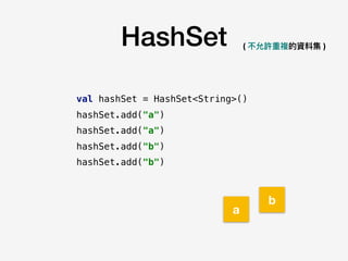 HashSet
val hashSet = HashSet<String>()
hashSet.add("a")
hashSet.add("a")
hashSet.add("b")
hashSet.add("b")
a
b
( 不允許重複的資料集 )
 
