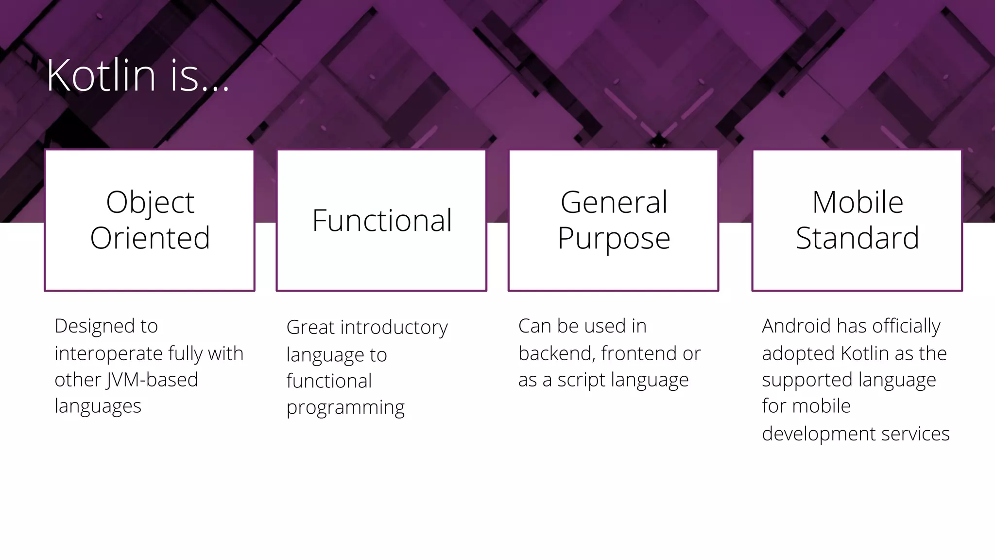 Designed to
interoperate fully with
other JVM-based
languages
Object
Oriented
Great introductory
language to
functional
programming
Can be used in
backend, frontend or
as a script language
Functional
General
Purpose
Kotlin is...
Android has officially
adopted Kotlin as the
supported language
for mobile
development services
Mobile
Standard
 