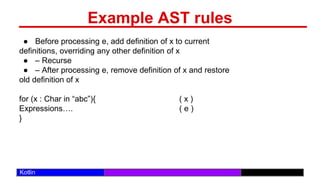 /29
Kotlin
Example AST rules
● Before processing e, add definition of x to current
definitions, overriding any other definition of x
● – Recurse
● – After processing e, remove definition of x and restore
old definition of x
for (x : Char in “abc”){ ( x )
Expressions…. ( e )
}
 