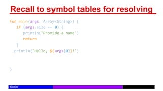 /29
Kotlin
Recall to symbol tables for resolving
fun main(args: Array<String>) {
if (args.size == 0) {
println("Provide a name")
return
}
println("Hello, ${args[0]}!")
//String Interpolation to cut down ceremony.
}
 