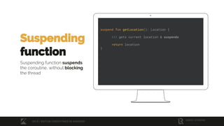 Suspending
function
Suspending function suspends
the coroutine, without blocking
the thread
suspend fun getLocation(): Location {
/// gets current location & suspends
return location
}
2018 / KOTLIN COROUTINES IN ANDROID
 
