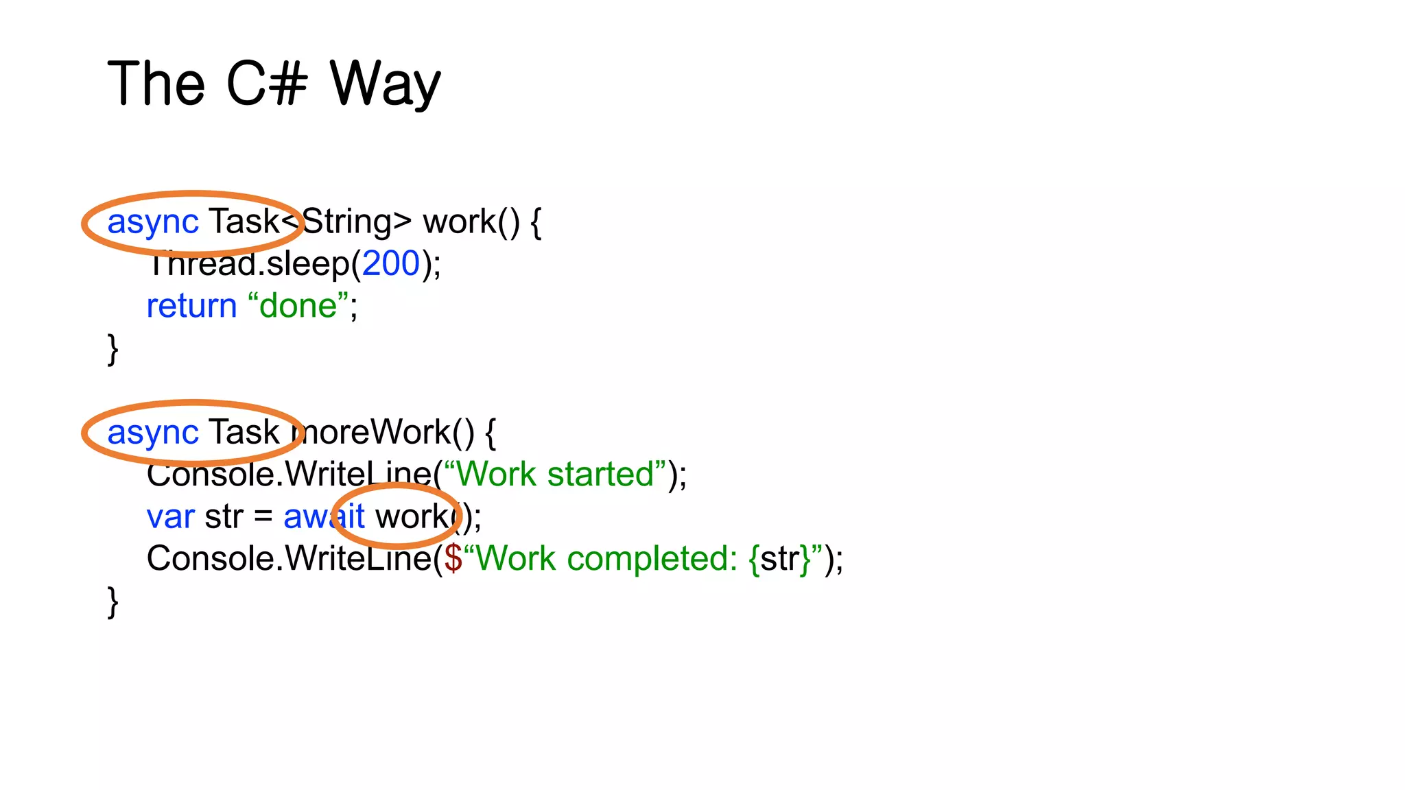 The C# Way async Task<String> work() { Thread.sleep(200); return “done”; } async Task moreWork() { Console.WriteLine(“Work started”); var str = await work(); Console.WriteLine($“Work completed: {str}”); } 