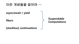 이런 개념들을 알아야 …
async/await / yield
fibers
[stackless] continuations
Suspendable
Computations
 