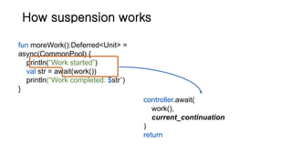 How suspension works
fun moreWork():Deferred<Unit> =
async(CommonPool) {
println(“Work started”)
val str = await(work())
println(“Work completed: $str”)
}
controller.await(
work(),
current_continuation
)
return
 