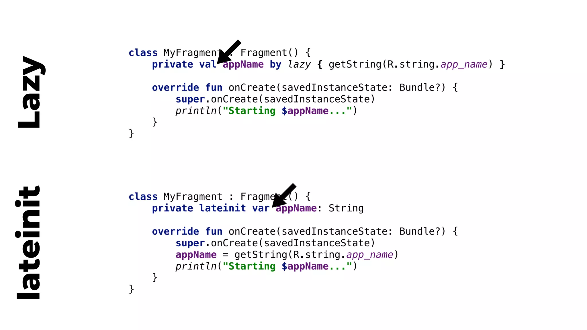 class MyFragment : Fragment() {
private lateinit var appName: String
override fun onCreate(savedInstanceState: Bundle?) {
super.onCreate(savedInstanceState)
appName = getString(R.string.app_name)
println("Starting $appName...")
}4
}5
lateinit
class MyFragment : Fragment() {
private val appName by lazy { getString(R.string.app_name) }1
override fun onCreate(savedInstanceState: Bundle?) {
super.onCreate(savedInstanceState)
println("Starting $appName...")
}2
}3
Lazy
 