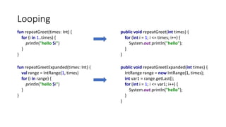 Looping
fun repeatGreet(times: Int) {
for (i in 1..times) {
println("hello $i")
}
}
fun repeatGreetExpanded(times: Int) {
val range = IntRange(1, times)
for (i in range) {
println("hello $i")
}
}
public void repeatGreet(int times) {
for (int i = 1; i <= times; i++) {
System.out.println("hello");
}
}
public void repeatGreetExpanded(int times) {
IntRange range = new IntRange(1, times);
int var1 = range.getLast();
for (int i = 1; i <= var1; i++) {
System.out.println("hello");
}
}
 