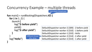 Concurrency Example – multiple threads
fun main() = runBlocking(Dispatchers.IO) {
for (i in 1..2) {
launch {
log("$i before yield")
yield()
log("$i after yield")
}
}
log("Hello")
}
DefaultDispatcher-worker-2 [309] - 2 before yield
DefaultDispatcher-worker-3 [310] - 1 before yield
DefaultDispatcher-worker-1 [310] - Hello
DefaultDispatcher-worker-3 [314] - 2 after yield
DefaultDispatcher-worker-2 [314] - 1 after yield
Uses elastic thread pool
Different thread
after delay
 
