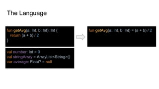 The Language
fun getAvg(a: Int, b: Int): Int {
return (a + b) / 2
}
fun getAvg(a: Int, b: Int) = (a + b) / 2
val number: Int = 0
val stringArray = ArrayList<String>()
var average: Float? = null
 