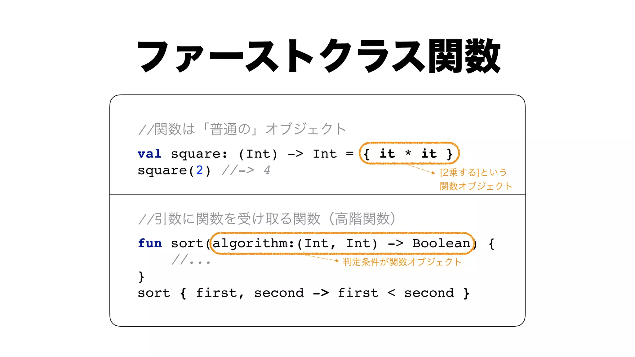//  
val square: (Int) -> Int = { it * it } 
square(2) //-> 4
 
//  
fun sort(algorithm:(Int, Int) -> Boolean) { 
//... 
} 
sort { first, second -> first < second }
 