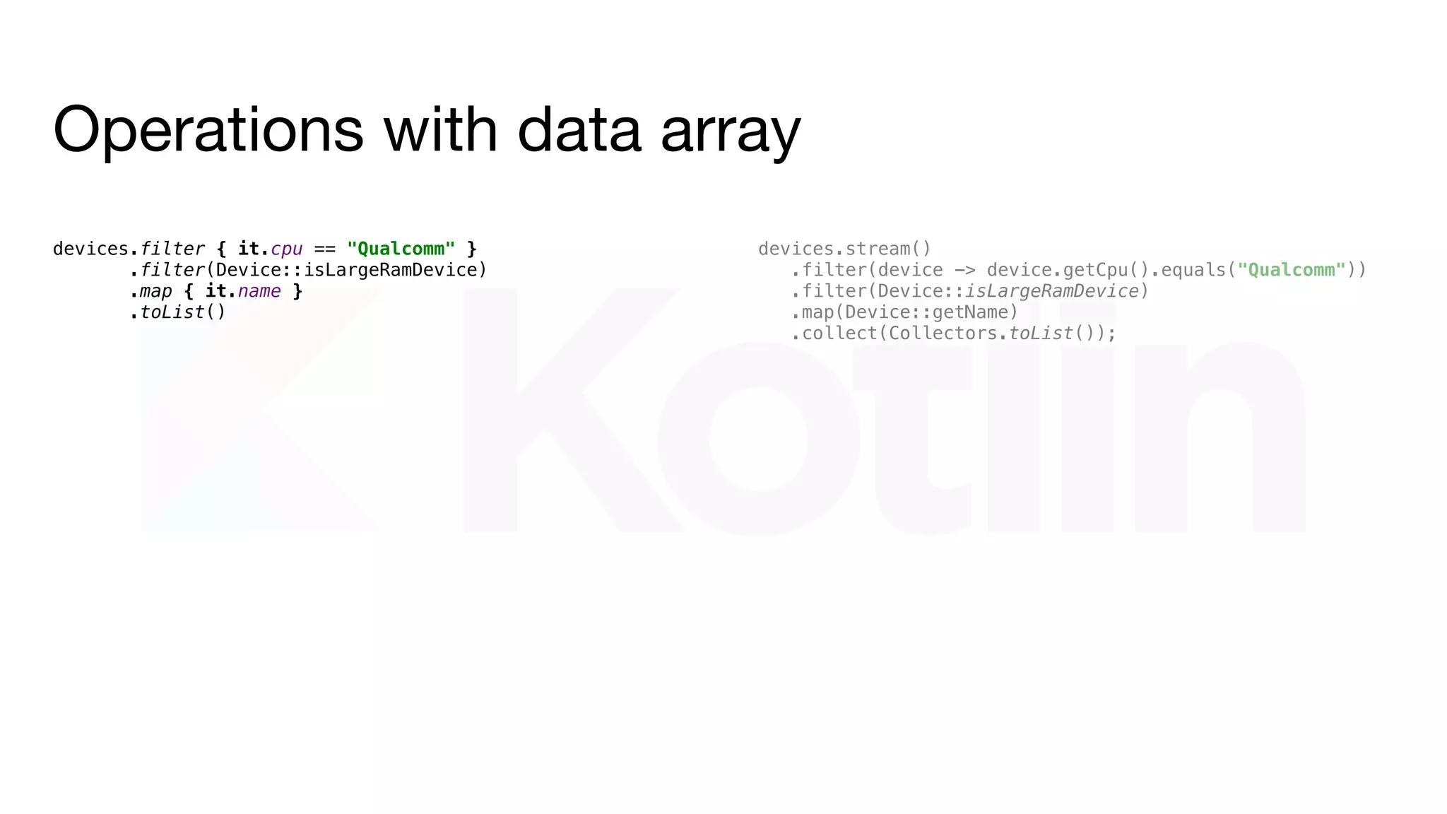 Operations with data array
Characters
0
100
200
300
400
500
Java Java 8 Kotlin
97
153
447
 