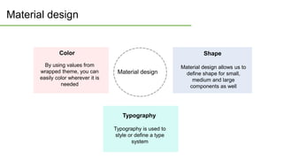 Material design
Shape
Material design allows us to
define shape for small,
medium and large
components as well
Typography
Typography is used to
style or define a type
system
Color
By using values from
wrapped theme, you can
easily color wherever it is
needed
Material design
 