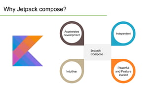 Why Jetpack compose?
Jetpack
Compose
Accelerates
development
Independent
Intuitive
Powerful
and Feature
loaded
 