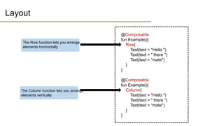Layout
@Composable
fun Example(){
Row{
Text(text = "Hello ")
Text(text = " there ")
Text(text = “mate")
}
}
@Composable
fun Example(){
Column{
Text(text = "Hello ")
Text(text = " there ")
Text(text = “mate")
}
}
The Column function lets you arrange
elements vertically
The Row function lets you arrange
elements horizontally
 