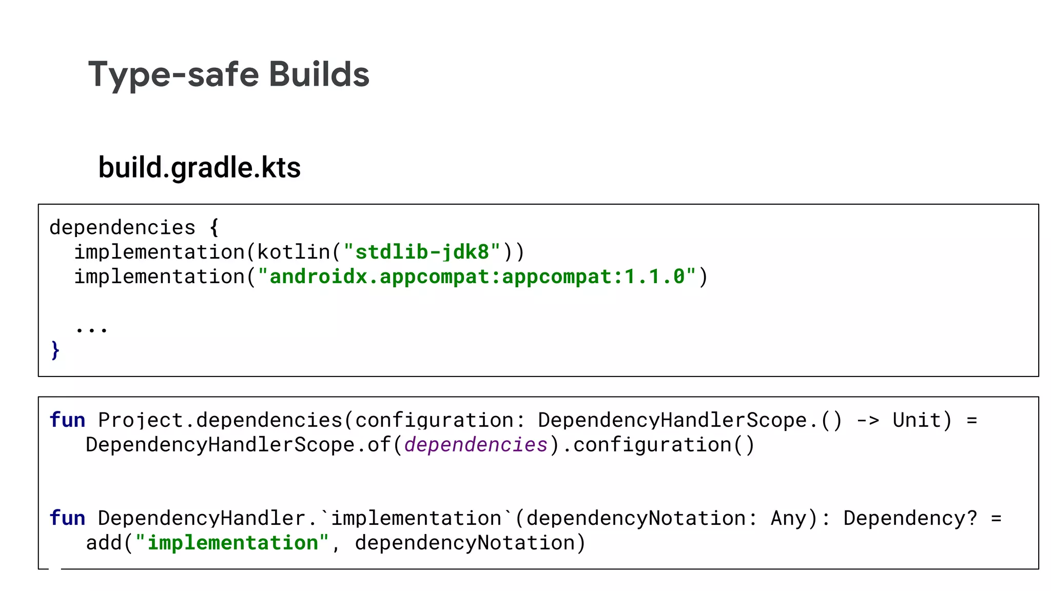 Type-safe Builds
dependencies {
implementation(kotlin("stdlib-jdk8"))
implementation("androidx.appcompat:appcompat:1.1.0")
...
}
build.gradle.kts
fun Project.dependencies(configuration: DependencyHandlerScope.() -> Unit) =
DependencyHandlerScope.of(dependencies).configuration()
fun DependencyHandler.`implementation`(dependencyNotation: Any): Dependency? =
add("implementation", dependencyNotation)
 