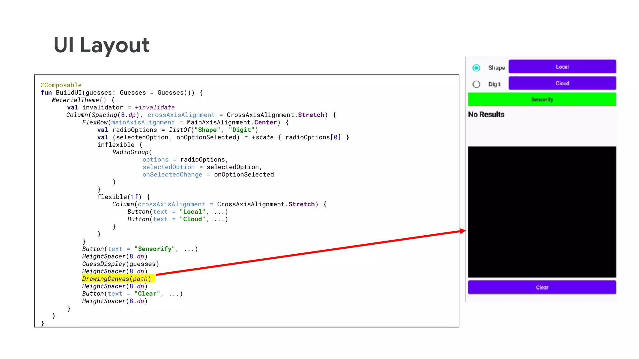 UI Layout
@Composable
fun BuildUI(guesses: Guesses = Guesses()) {
MaterialTheme() {
val invalidator = +invalidate
Column(Spacing(8.dp), crossAxisAlignment = CrossAxisAlignment.Stretch) {
FlexRow(mainAxisAlignment = MainAxisAlignment.Center) {
val radioOptions = listOf("Shape", "Digit")
val (selectedOption, onOptionSelected) = +state { radioOptions[0] }
inflexible {
RadioGroup(
options = radioOptions,
selectedOption = selectedOption,
onSelectedChange = onOptionSelected
)
}
flexible(1f) {
Column(crossAxisAlignment = CrossAxisAlignment.Stretch) {
Button(text = "Local", ...)
Button(text = "Cloud", ...)
}
}
}
Button(text = "Sensorify", ...)
HeightSpacer(8.dp)
GuessDisplay(guesses)
HeightSpacer(8.dp)
DrawingCanvas(path)
HeightSpacer(8.dp)
Button(text = "Clear", ...)
HeightSpacer(8.dp)
}
}
}
 