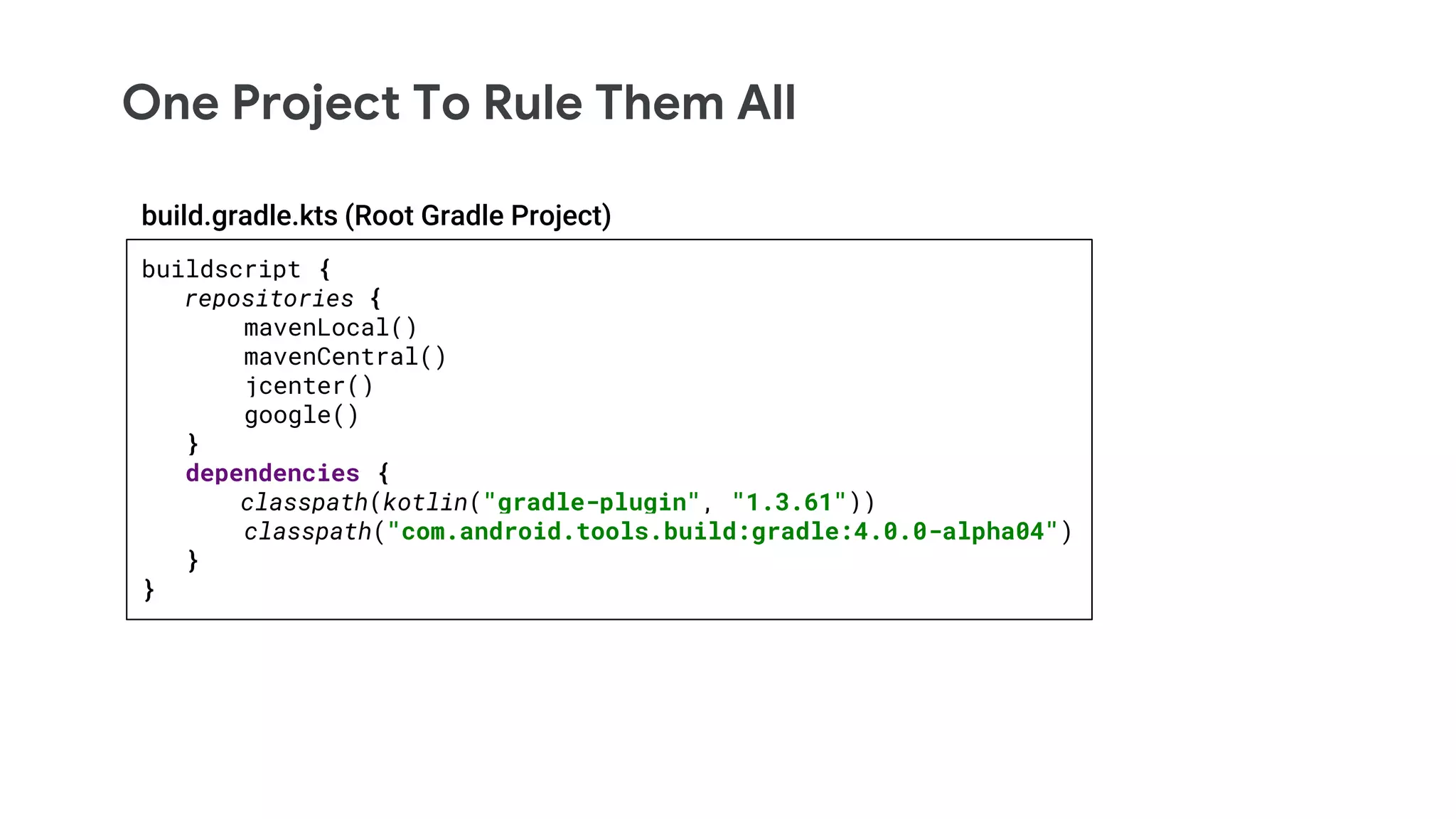 One Project To Rule Them All
buildscript {
repositories {
mavenLocal()
mavenCentral()
jcenter()
google()
}
dependencies {
classpath(kotlin("gradle-plugin", "1.3.61"))
classpath("com.android.tools.build:gradle:4.0.0-alpha04")
}
}
build.gradle.kts (Root Gradle Project)
 