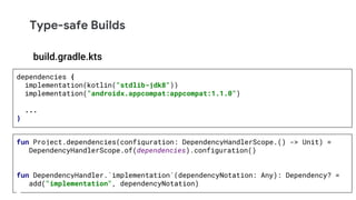 Type-safe Builds
dependencies {
implementation(kotlin("stdlib-jdk8"))
implementation("androidx.appcompat:appcompat:1.1.0")
...
}
build.gradle.kts
fun Project.dependencies(configuration: DependencyHandlerScope.() -> Unit) =
DependencyHandlerScope.of(dependencies).configuration()
fun DependencyHandler.`implementation`(dependencyNotation: Any): Dependency? =
add("implementation", dependencyNotation)
 