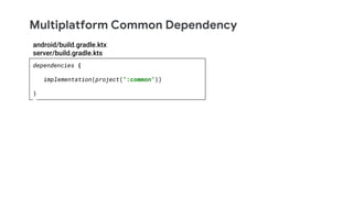Multiplatform Common Dependency
dependencies {
implementation(project(":common"))
}
android/build.gradle.ktx
server/build.gradle.kts
 