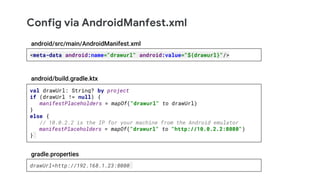 Config via AndroidManfest.xml
<meta-data android:name="drawurl" android:value="${drawurl}"/>
val drawUrl: String? by project
if (drawUrl != null) {
manifestPlaceholders = mapOf("drawurl" to drawUrl)
}
else {
// 10.0.2.2 is the IP for your machine from the Android emulator
manifestPlaceholders = mapOf("drawurl" to "http://10.0.2.2:8080")
}
android/build.gradle.ktx
android/src/main/AndroidManifest.xml
drawUrl=http://192.168.1.23:8080
gradle.properties
 