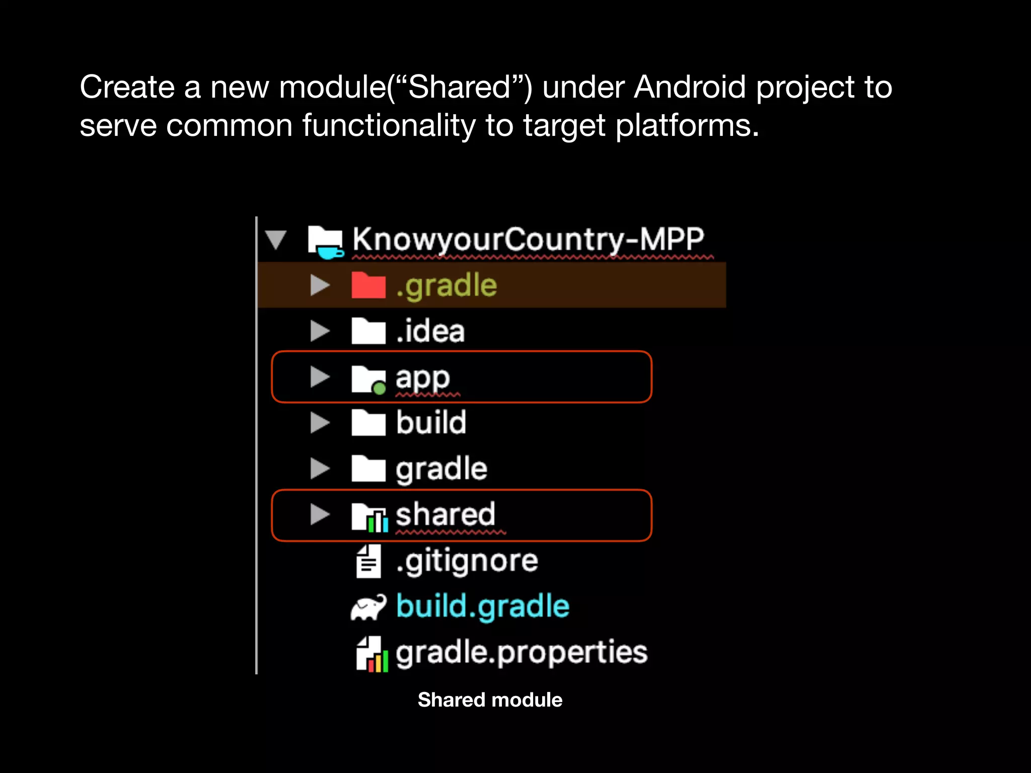 Create a new module(“Shared”) under Android project to serve common functionality to target platforms. Shared module 