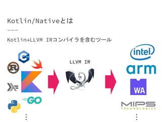 Kotlin/Nativeとは
Kotlin→LLVM IRコンパイラを含むツール
LLVM IR
…
…
 