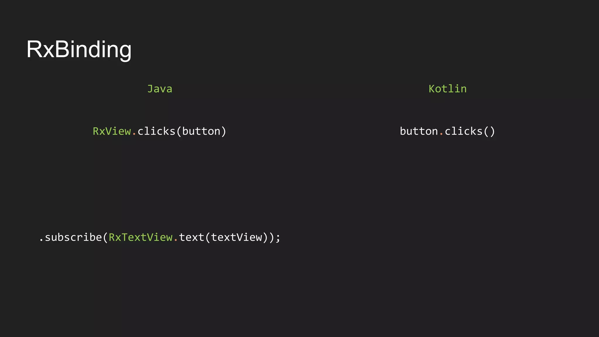 RxBinding
Java
RxView.clicks(button)
.subscribe(RxTextView.text(textView));
Kotlin
button.clicks()
 
