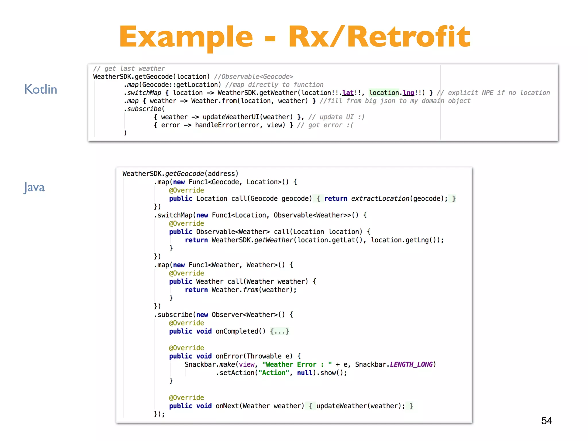 54
Example - Rx/Retrofit
Kotlin
Java
 