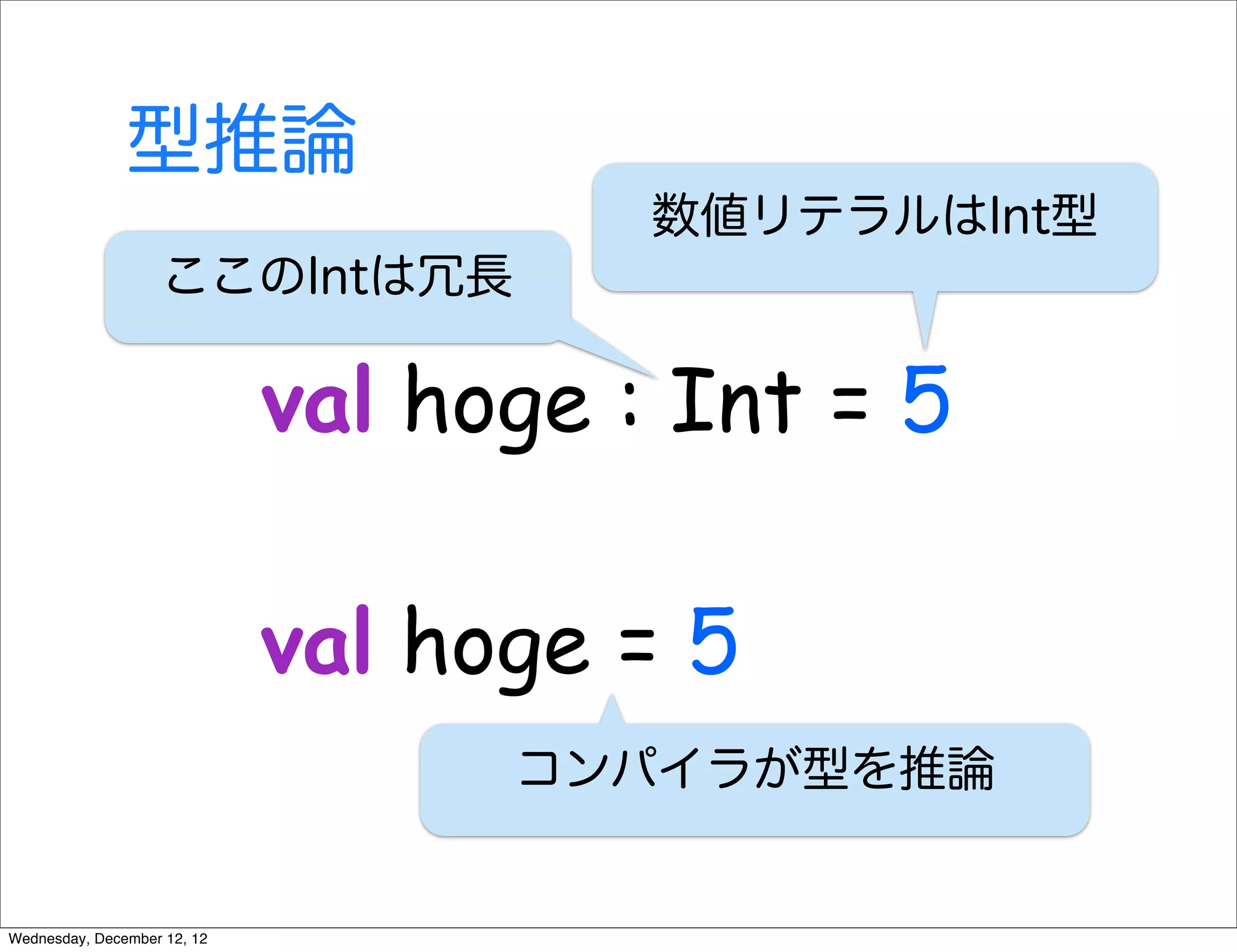 型推論
                                       数値リテラルはInt型
                    ここのIntは冗長

                             val hoge : Int = 5

                             val hoge = 5
                                   コンパイラが型を推論


Wednesday, December 12, 12
 