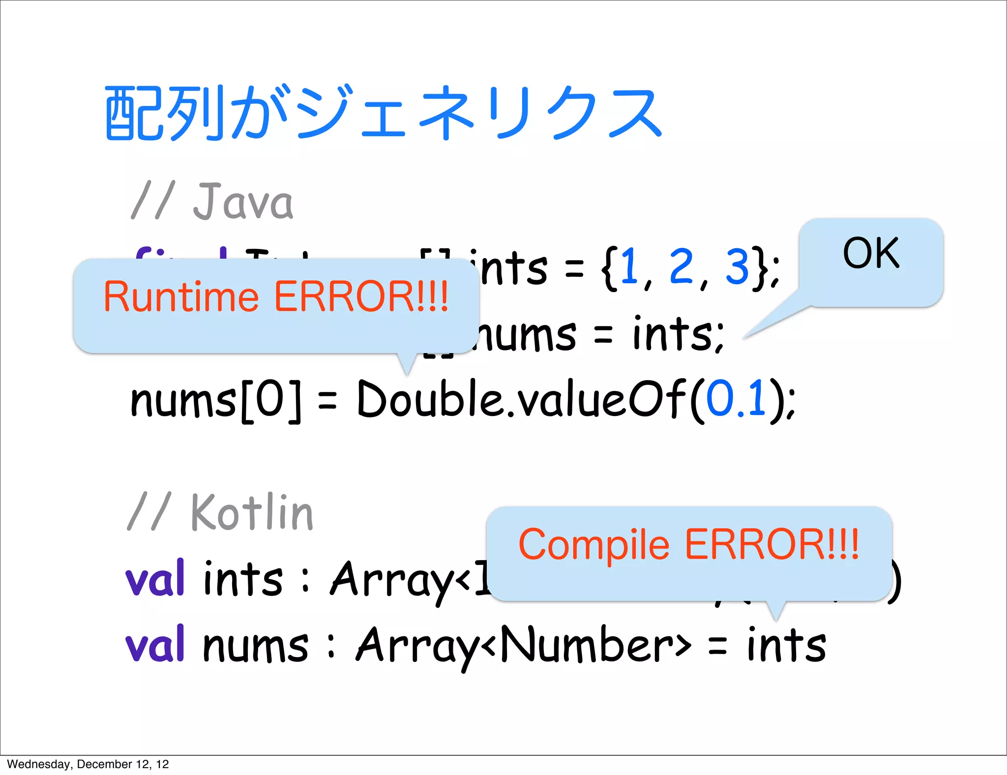 配列がジェネリクス
                // Java
                final Integer[] ints = {1, 2, 3}; OK
               Runtime ERROR!!!
                final Number[] nums = ints;
                nums[0] = Double.valueOf(0.1);

                  // Kotlin
                                     Compile ERROR!!!
                  val ints : Array<Int> = array(1, 2, 3)
                  val nums : Array<Number> = ints

Wednesday, December 12, 12
 