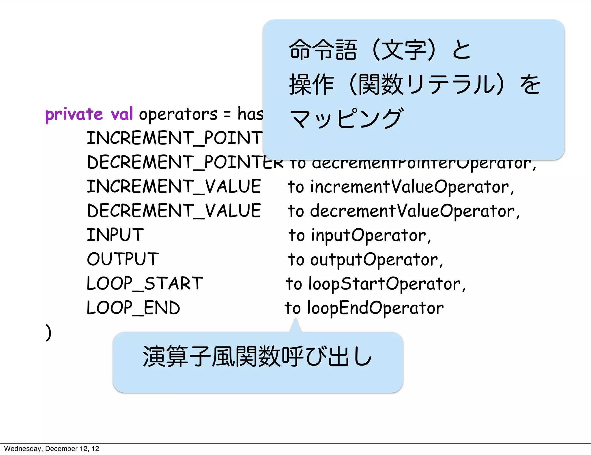  命令語（文字）と
                                                 操作（関数リテラル）を
           private           val operators = hashMap(
                                                 マッピング
                INCREMENT_POINTER to incrementPointerOperator,
                DECREMENT_POINTER to decrementPointerOperator,
                INCREMENT_VALUE to incrementValueOperator,
                DECREMENT_VALUE to decrementValueOperator,
                INPUT             to inputOperator,
                OUTPUT            to outputOperator,
                LOOP_START       to loopStartOperator,
                LOOP_END         to loopEndOperator
           )
                               演算子風関数呼び出し


Wednesday, December 12, 12
 