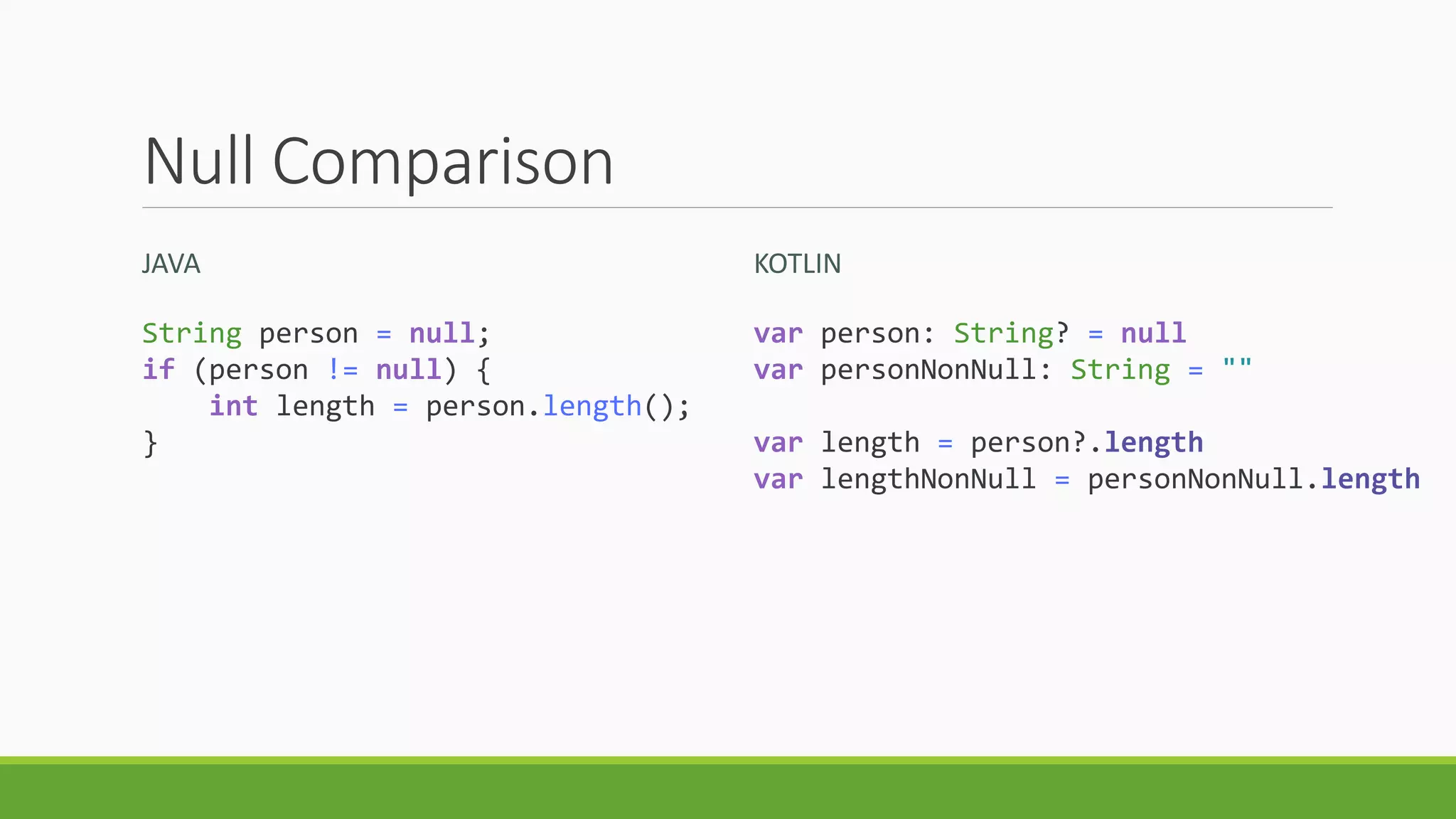 Null Comparison
JAVA KOTLIN
String person = null;
if (person != null) {
int length = person.length();
}
var person: String? = null
var personNonNull: String = ""
var length = person?.length
var lengthNonNull = personNonNull.length
 
