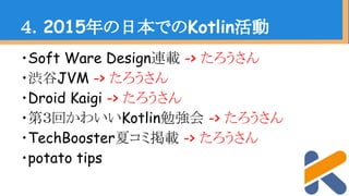 ・Soft Ware Design連載 -> たろうさん
・渋谷JVM -> たろうさん
・Droid Kaigi -> たろうさん
・第３回かわいいKotlin勉強会 -> たろうさん
・TechBooster夏コミ掲載 -> たろうさん
・potato tips
４．2015年の日本でのKotlin活動
 