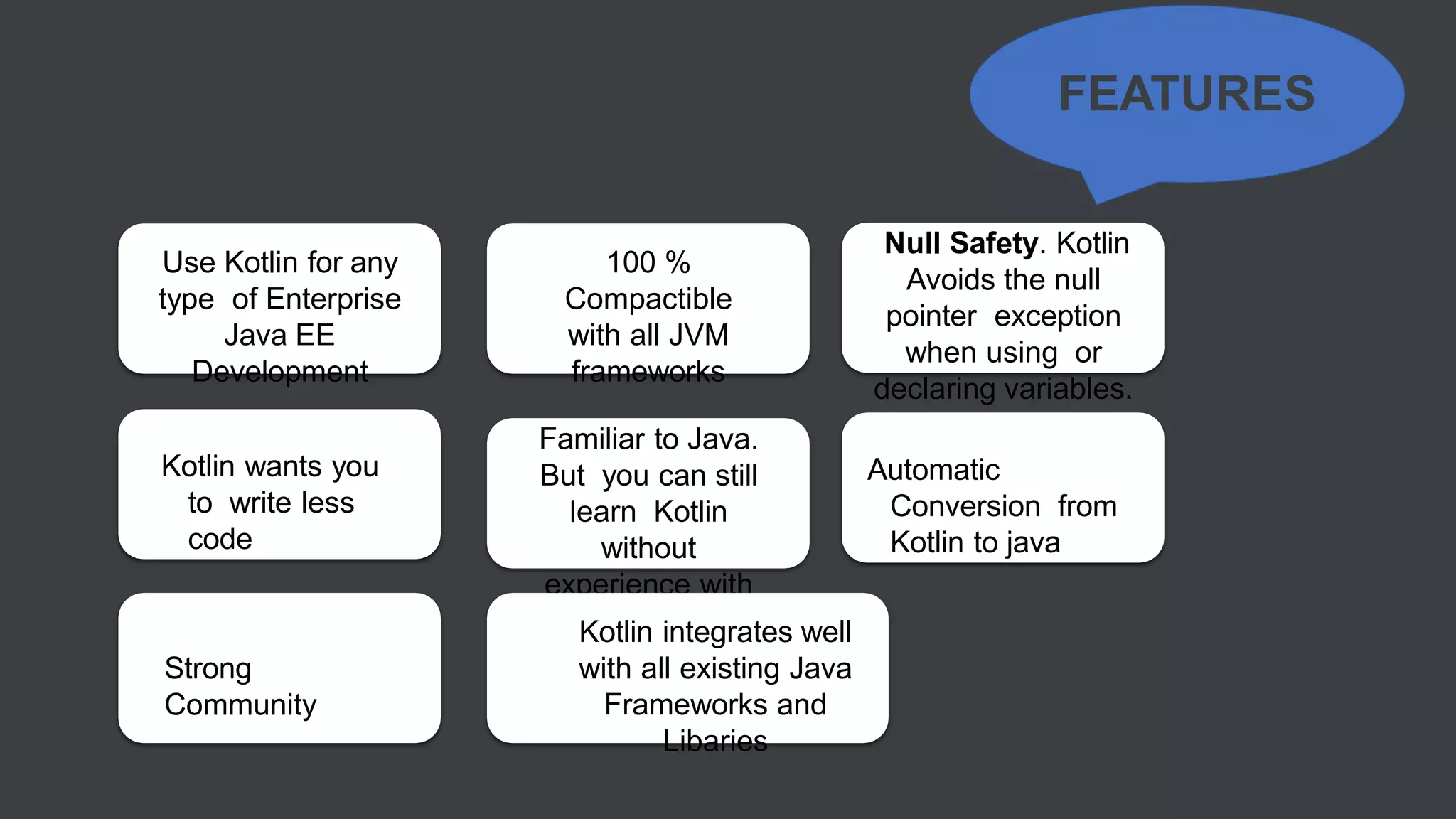 FEATURES
Use Kotlin for any
type of Enterprise
Java EE
Development
100 %
Compactible
with all JVM
frameworks
Null Safety. Kotlin
Avoids the null
pointer exception
when using or
declaring variables.
Kotlin wants you
to write less
code
Familiar to Java.
But you can still
learn Kotlin
without
experience with
java
Automatic
Conversion from
Kotlin to java
Strong
Community
Kotlin integrates well
with all existing Java
Frameworks and
Libaries
 