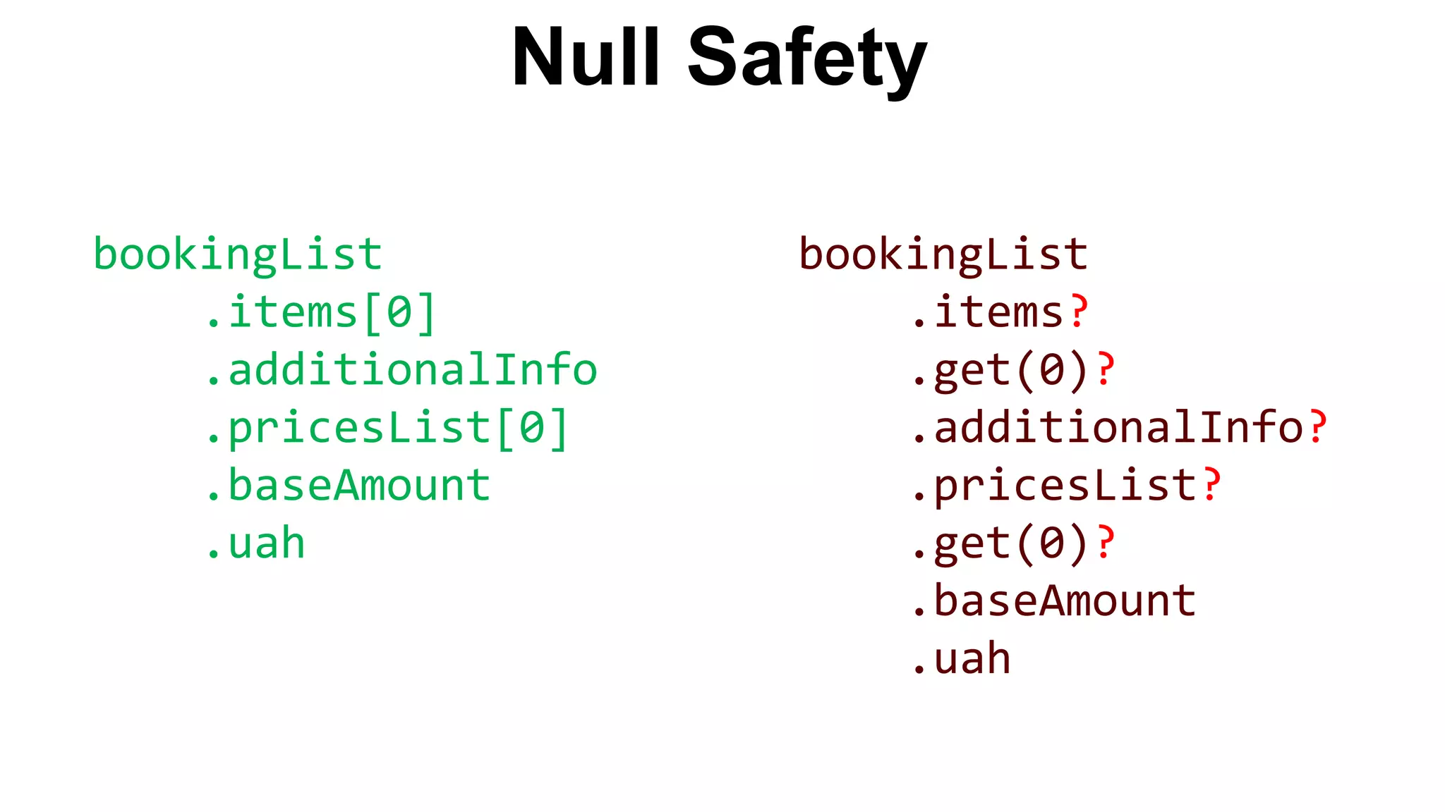 Null Safety bookingList .items[0] .additionalInfo .pricesList[0] .baseAmount .uah bookingList .items? .get(0)? .additionalInfo? .pricesList? .get(0)? .baseAmount .uah 