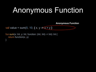Anonymous Function
val value = sum(5, 10, { x, y -> x + y }
fun sum(x: Int, y: Int, function: (Int, Int) -> Int): Int {
return function(x, y)
}
Anonymous Function
 