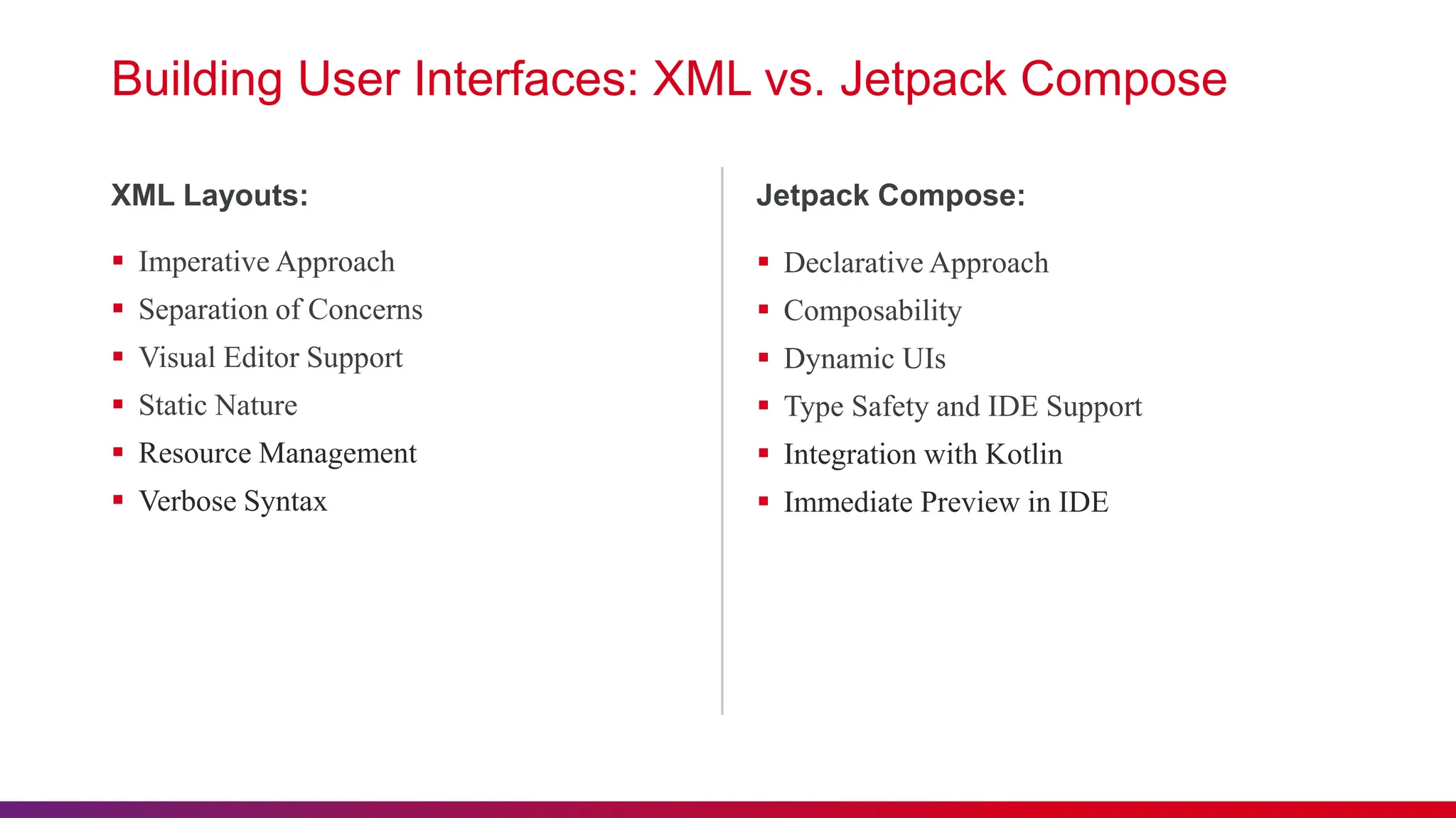 Building User Interfaces: XML vs. Jetpack Compose
 Imperative Approach
 Separation of Concerns
 Visual Editor Support
 Static Nature
 Resource Management
 Verbose Syntax
XML Layouts:
 Declarative Approach
 Composability
 Dynamic UIs
 Type Safety and IDE Support
 Integration with Kotlin
 Immediate Preview in IDE
Jetpack Compose:
 