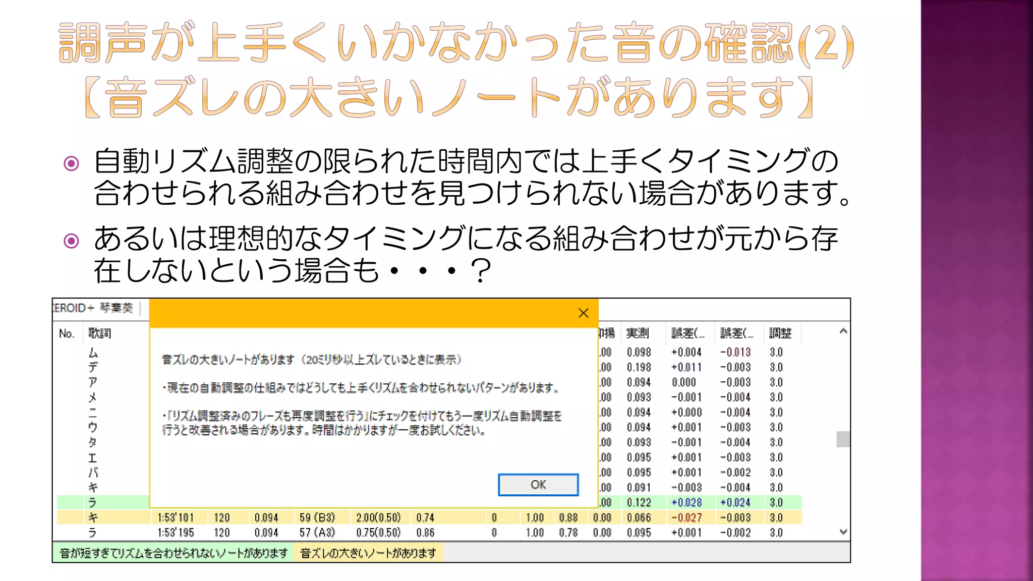  自動リズム調整の限られた時間内では上手くタイミングの
合わせられる組み合わせを見つけられない場合があります。
 あるいは理想的なタイミングになる組み合わせが元から存
在しないという場合も・・・？
 
