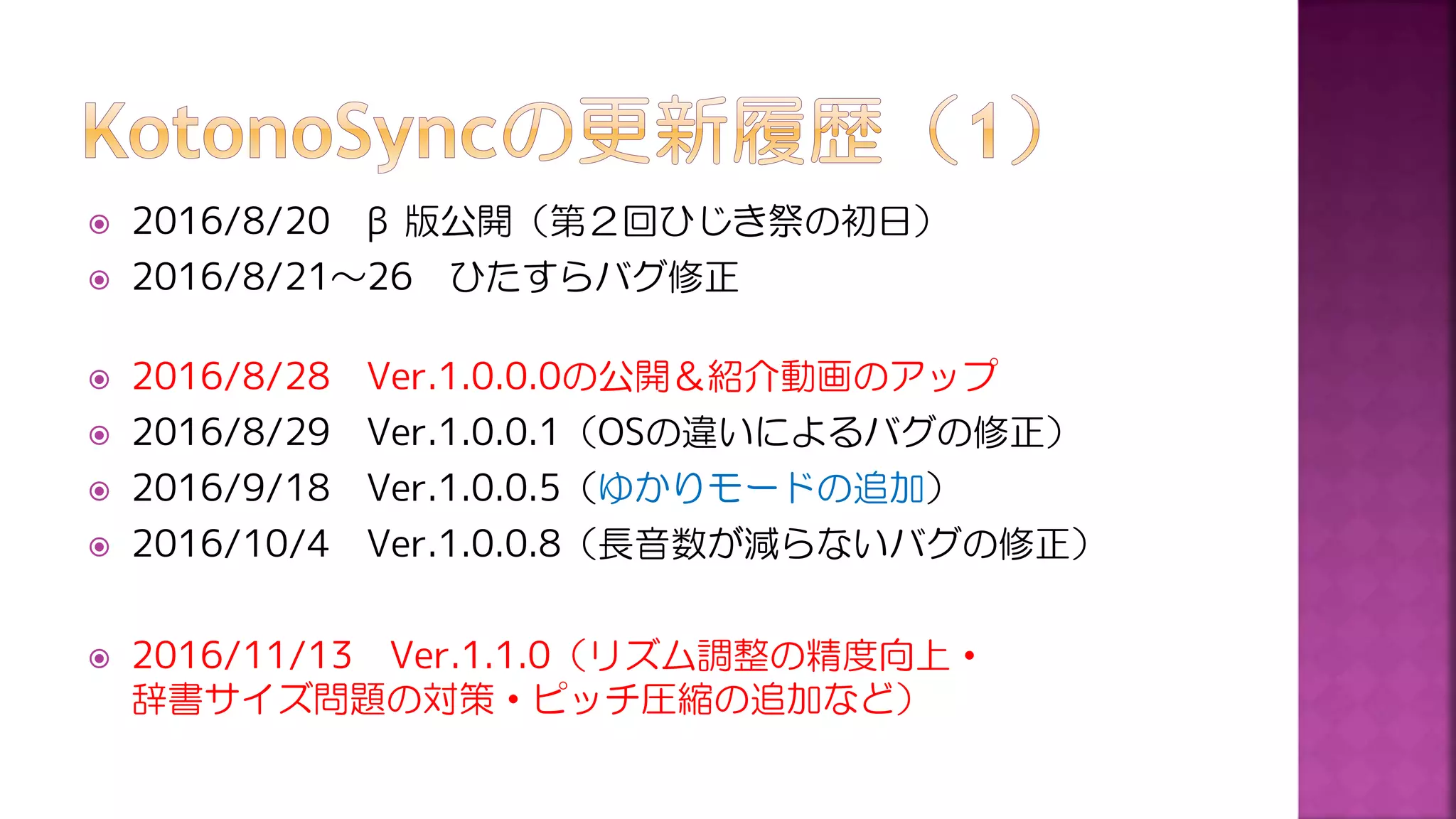  2016/8/20 β版公開（第２回ひじき祭の初日）
 2016/8/21～26 ひたすらバグ修正
 2016/8/28 Ver.1.0.0.0の公開＆紹介動画のアップ
 2016/8/29 Ver.1.0.0.1（OSの違いによるバグの修正）
 2016/9/18 Ver.1.0.0.5（ゆかりモードの追加）
 2016/10/4 Ver.1.0.0.8（長音数が減らないバグの修正）
 2016/11/13 Ver.1.1.0（リズム調整の精度向上・
辞書サイズ問題の対策・ピッチ圧縮の追加など）
 