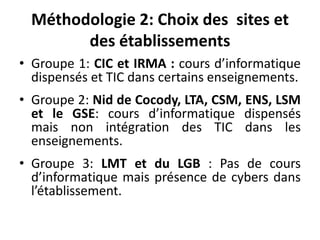 Méthodologie 2: Choix des  sites et des établissementsGroupe 1: CIC et IRMA : cours d’informatique dispensés et TIC dans certains enseignements.  Groupe 2: Nid de Cocody, LTA, CSM, ENS, LSM et le GSE: cours d’informatique dispensés mais non intégration des TIC dans les enseignements. Groupe 3: LMT etdu LGB : Pas de cours d’informatique mais présence de cybers dans l’établissement. 